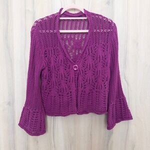 Y2K Womens Crochet Cardigan Size L Pink Boho Open Knit Retro Layering Cottage